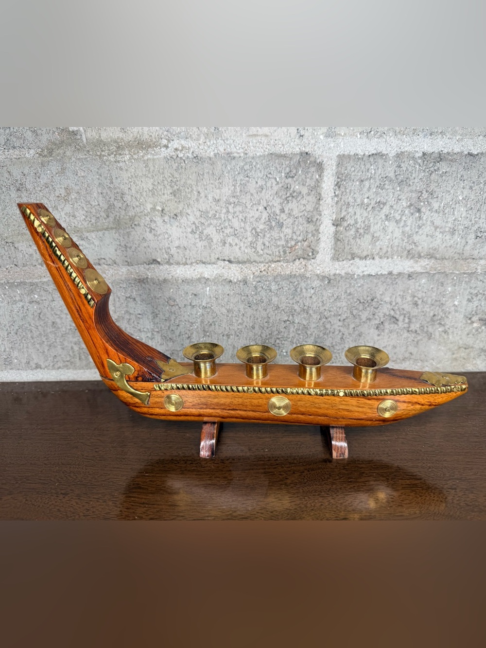 Vintage India Wood Brass Kerala Snake Boat Candelabra 4 Candle Holder Gondola